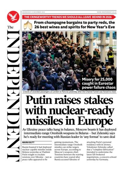 The Independent Newspaper Front Page (UK) for 31 December 2025