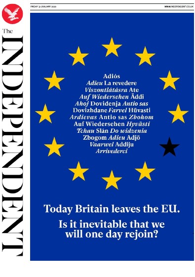 The Independent Newspaper Front Page (UK) for 31 January 2020