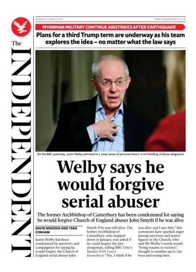 The Independent Newspaper Front Page (UK) for 31 March 2025