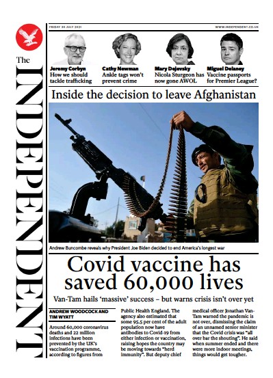 The Independent Newspaper Front Page (UK) for 31 July 2021