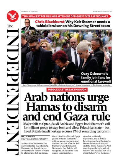 The Independent Newspaper Front Page (UK) for 31 July 2025