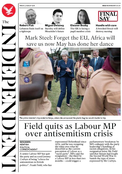 The Independent Newspaper Front Page (UK) for 31 August 2018