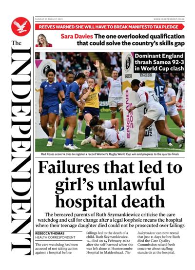 The Independent Newspaper Front Page (UK) for 31 August 2025