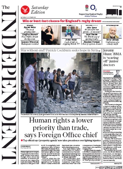 The Independent Newspaper Front Page (UK) for 3 October 2015