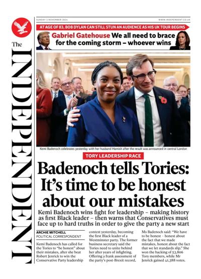 The Independent Newspaper Front Page (UK) for 3 November 2024