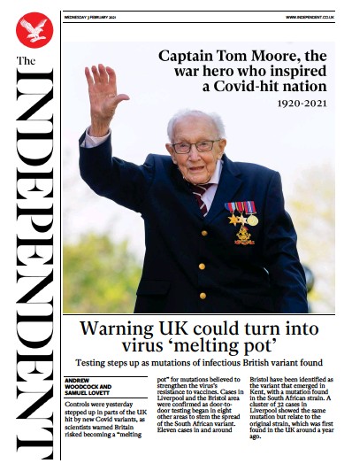 The Independent Newspaper Front Page (UK) for 3 February 2021