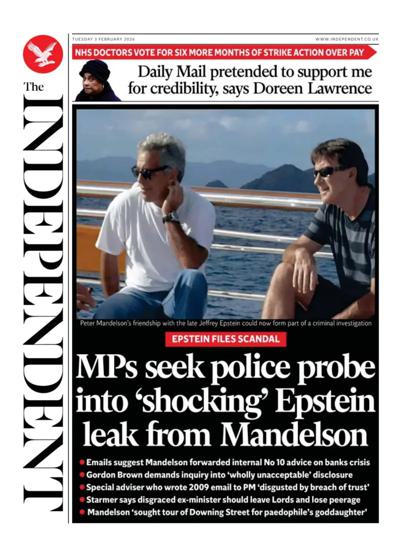 The Independent Newspaper Front Page (UK) for 3 February 2026