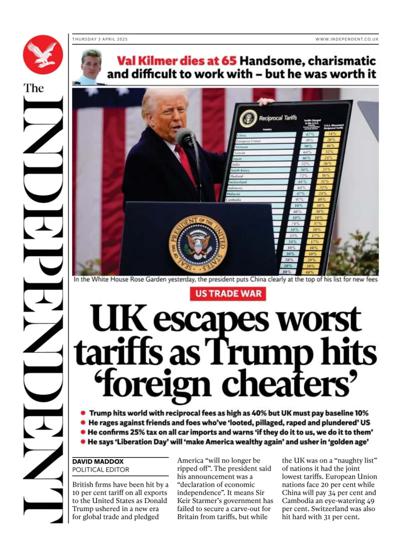 The Independent Newspaper Front Page (UK) for 3 April 2025