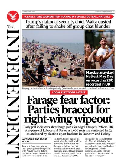 The Independent Newspaper Front Page (UK) for 3 May 2025