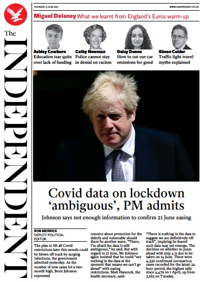 The Independent Newspaper Front Page (UK) for 3 June 2021