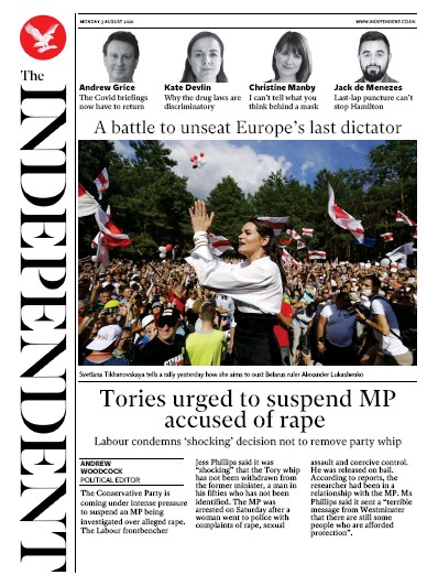 The Independent Newspaper Front Page (UK) for 3 August 2020