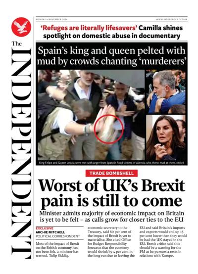 The Independent Newspaper Front Page (UK) for 4 November 2024