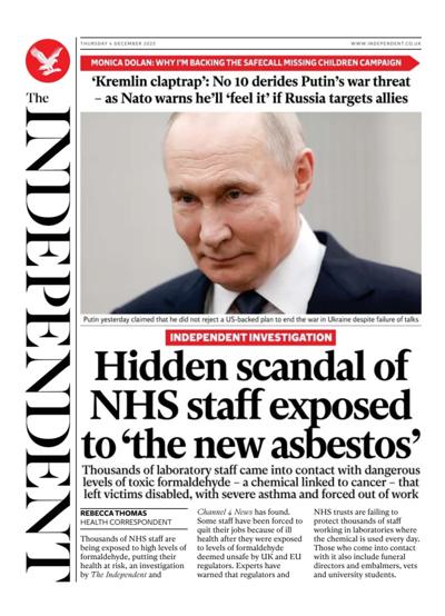 The Independent Newspaper Front Page (UK) for 4 December 2025