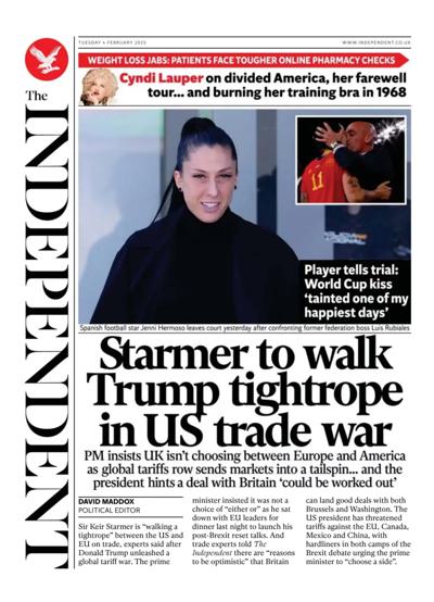 The Independent Newspaper Front Page (UK) for 4 February 2025