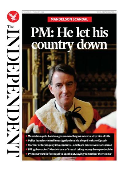 The Independent Newspaper Front Page (UK) for 4 February 2026