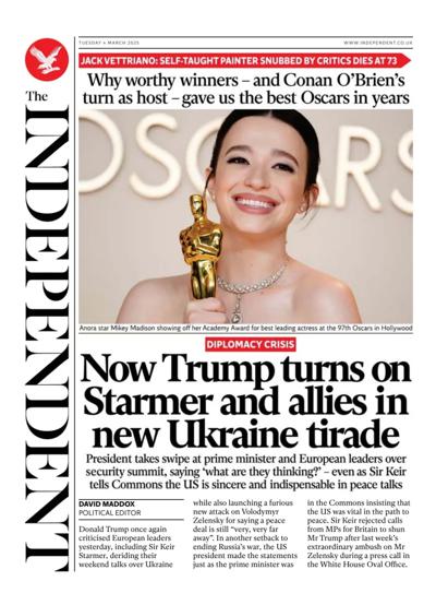 The Independent Newspaper Front Page (UK) for 4 March 2025
