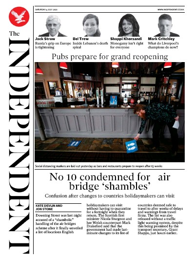 The Independent Newspaper Front Page (UK) for 4 July 2020