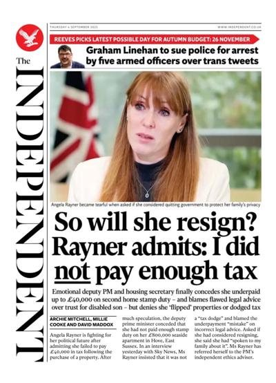 The Independent Newspaper Front Page (UK) for 4 September 2025