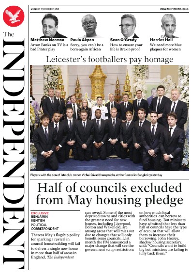 The Independent Newspaper Front Page (UK) for 5 November 2018