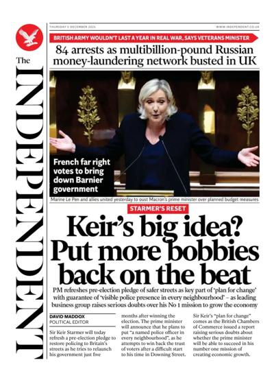 The Independent Newspaper Front Page (UK) for 5 December 2024