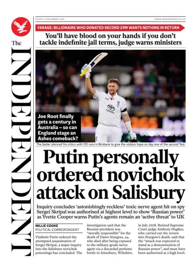 The Independent Newspaper Front Page (UK) for 5 December 2025