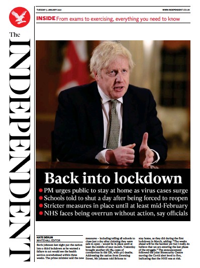 The Independent Newspaper Front Page (UK) for 5 January 2021