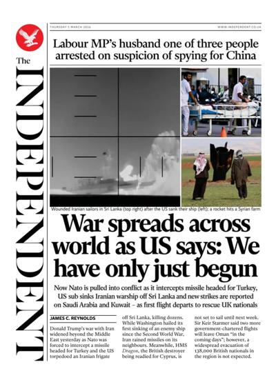 The Independent Newspaper Front Page (UK) for 5 March 2026