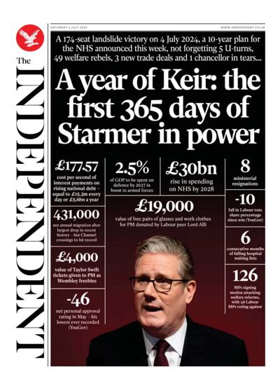 The Independent Newspaper Front Page (UK) for 5 July 2025