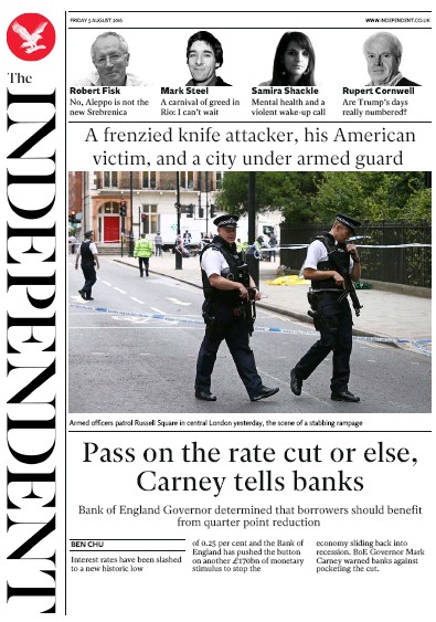 The Independent Newspaper Front Page (UK) for 5 August 2016