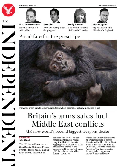 The Independent Newspaper Front Page (UK) for 5 September 2016