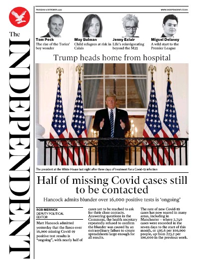 The Independent Newspaper Front Page (UK) for 6 October 2020