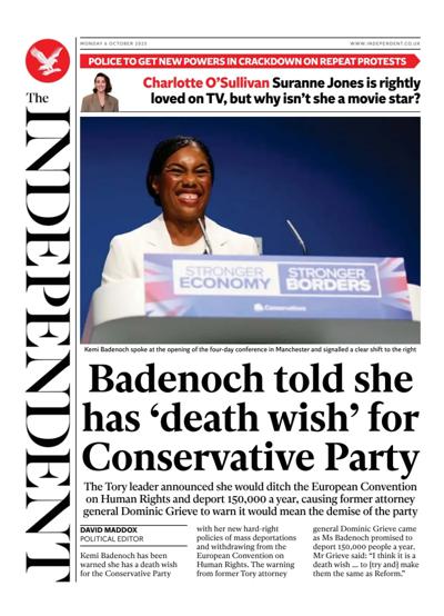 The Independent Newspaper Front Page (UK) for 6 October 2025