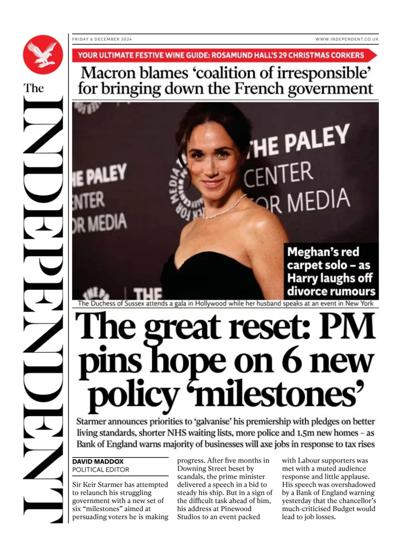 The Independent Newspaper Front Page (UK) for 6 December 2024