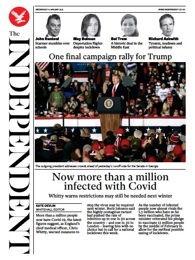 The Independent Newspaper Front Page (UK) for 6 January 2021