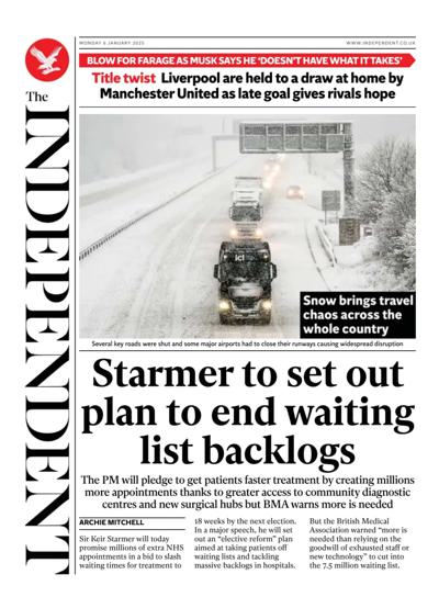 The Independent Newspaper Front Page (UK) for 6 January 2025