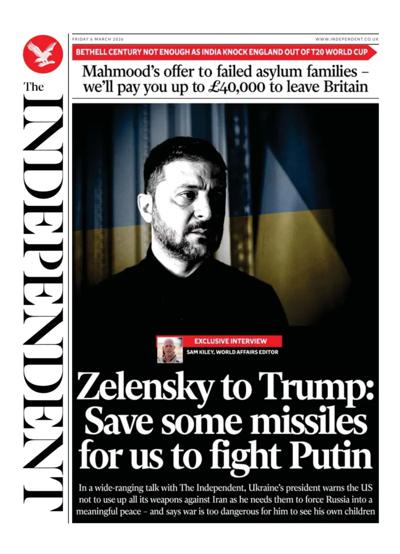The Independent Newspaper Front Page (UK) for 6 March 2026