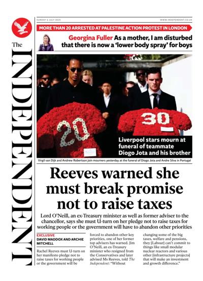 The Independent Newspaper Front Page (UK) for 6 July 2025