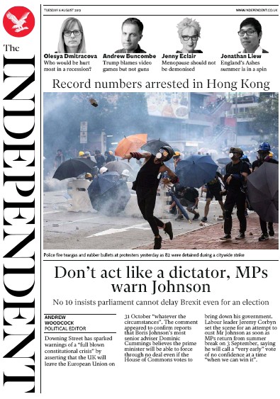 The Independent Newspaper Front Page (UK) for 6 August 2019