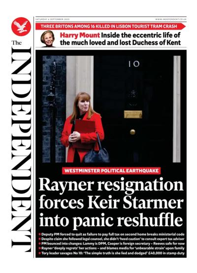 The Independent Newspaper Front Page (UK) for 6 September 2025
