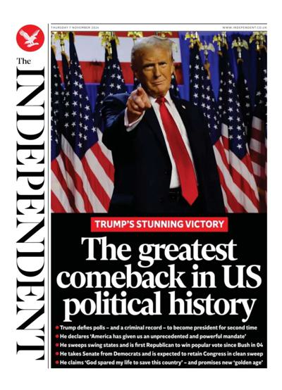 The Independent Newspaper Front Page (UK) for 7 November 2024