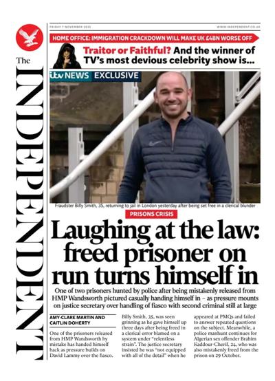 The Independent Newspaper Front Page (UK) for 7 November 2025