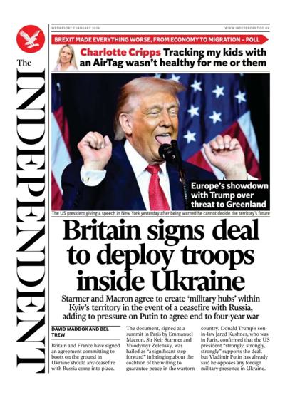 The Independent Newspaper Front Page (UK) for 7 January 2026