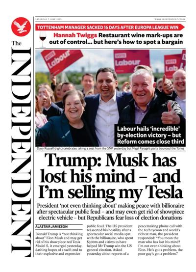 The Independent Newspaper Front Page (UK) for 7 June 2025