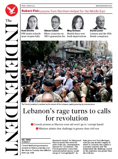 The Independent Newspaper Front Page (UK) for 7 August 2020