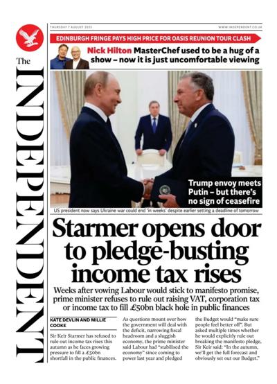 The Independent Newspaper Front Page (UK) for 7 August 2025