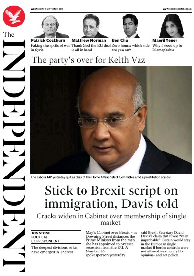 The Independent Newspaper Front Page (UK) for 7 September 2016