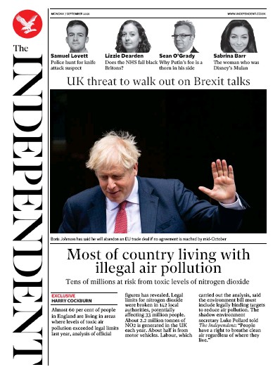 The Independent Newspaper Front Page (UK) for 7 September 2020