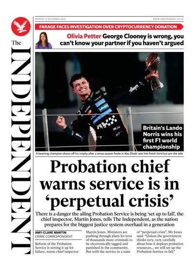 The Independent Newspaper Front Page (UK) for 8 December 2025