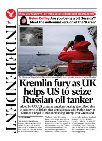 The Independent Newspaper Front Page (UK) for 8 January 2026
