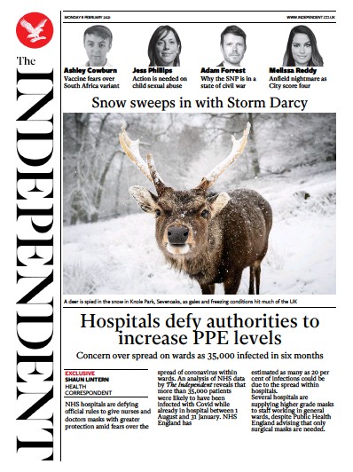 The Independent Newspaper Front Page (UK) for 8 February 2021